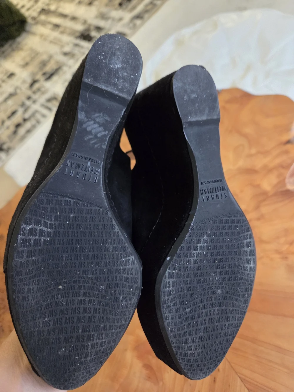 Stuart Weitzman Black Suede Platform Slingback Peep-Toe Heels